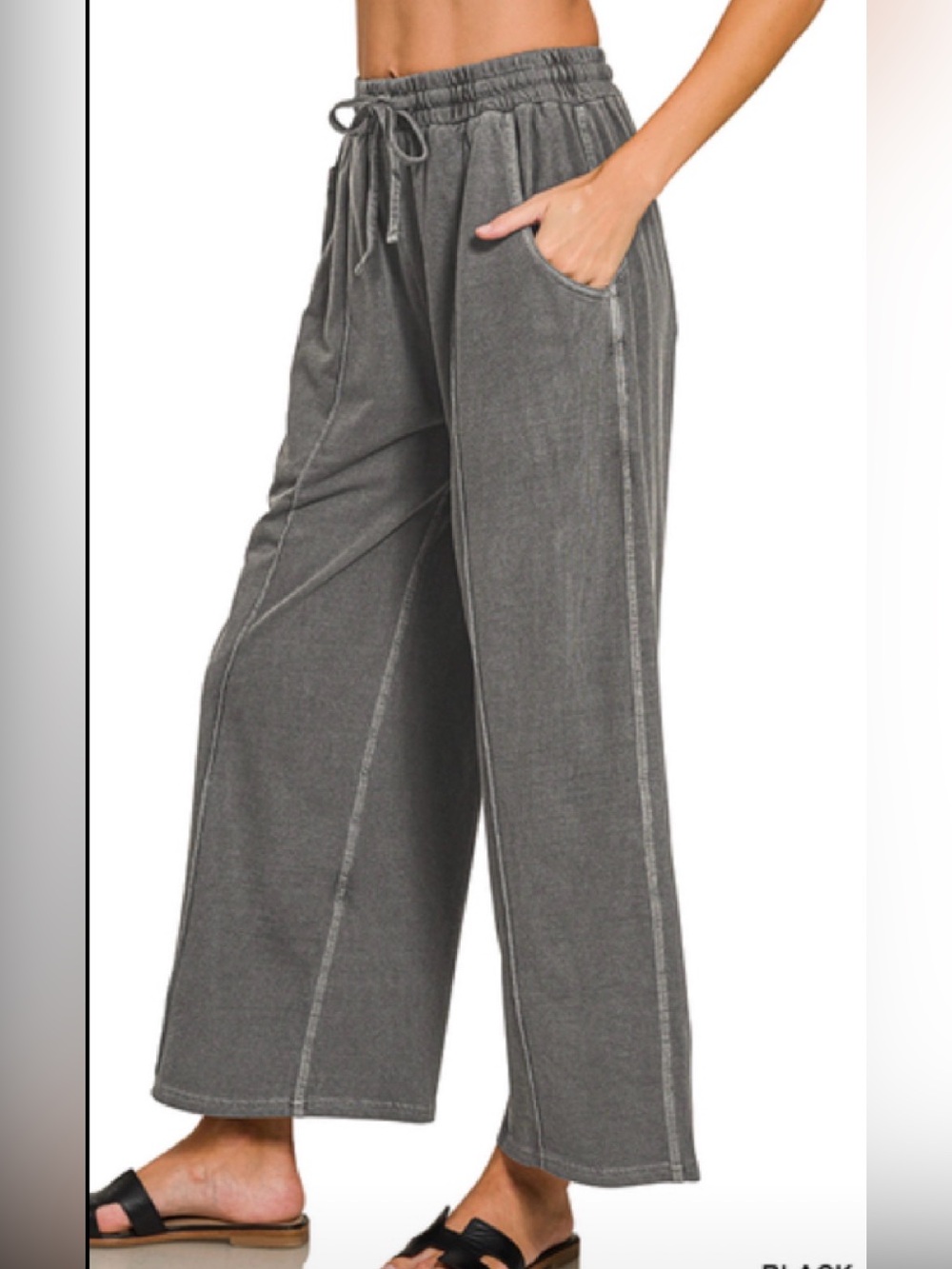 Zenana Outfitters Wide-Leg Drawstring Pants - Charcoal Gray